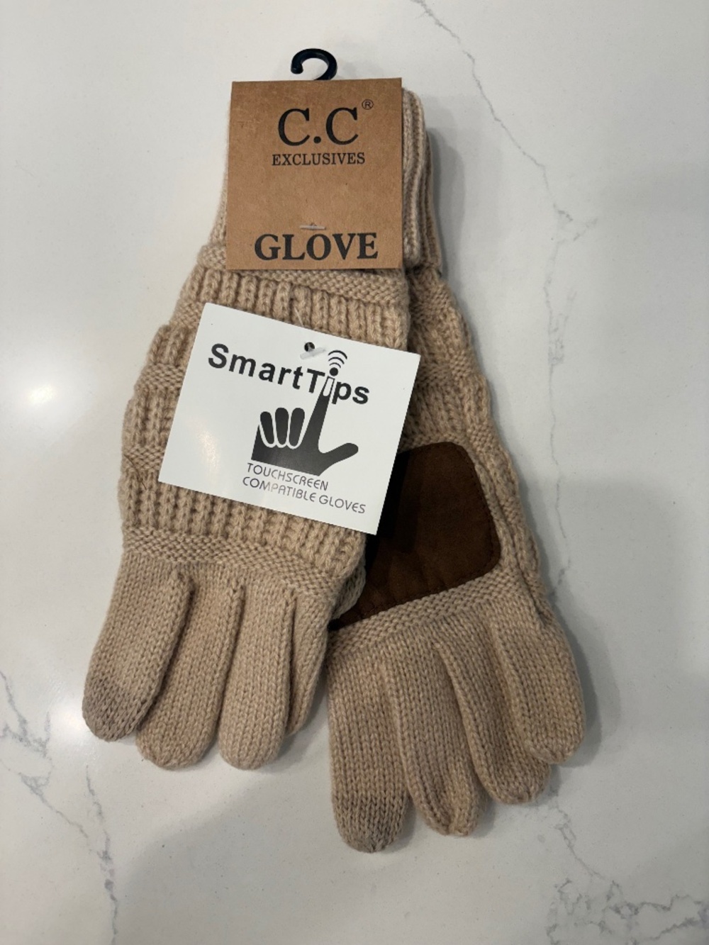 C.C New Beige Solid Ribbed Smart Touch Gloves.
